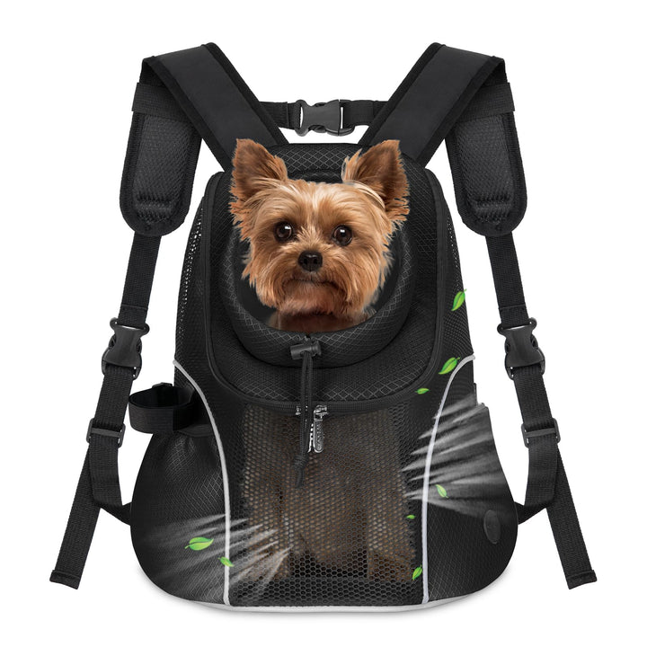 WOYYHO dog carrier backpack front view highlights breathable mesh and secure, comfortable fit.