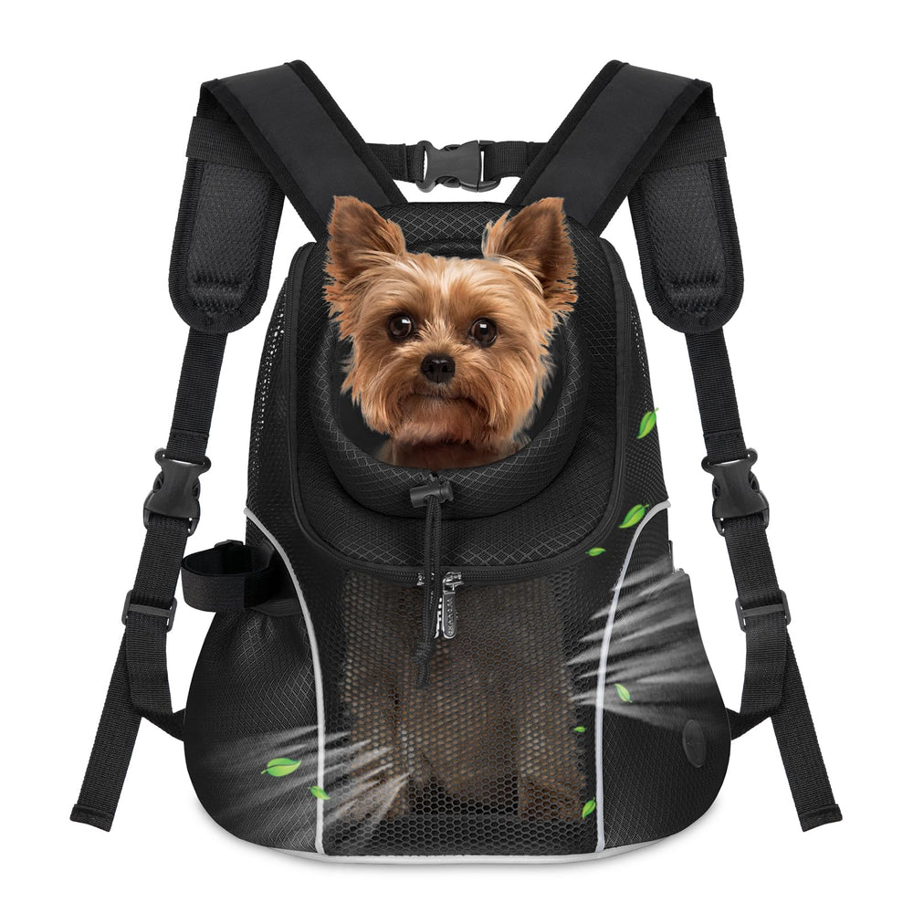 WOYYHO dog carrier backpack front view highlights breathable mesh and secure, comfortable fit.