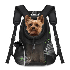 WOYYHO dog carrier backpack front view highlights breathable mesh and secure, comfortable fit.