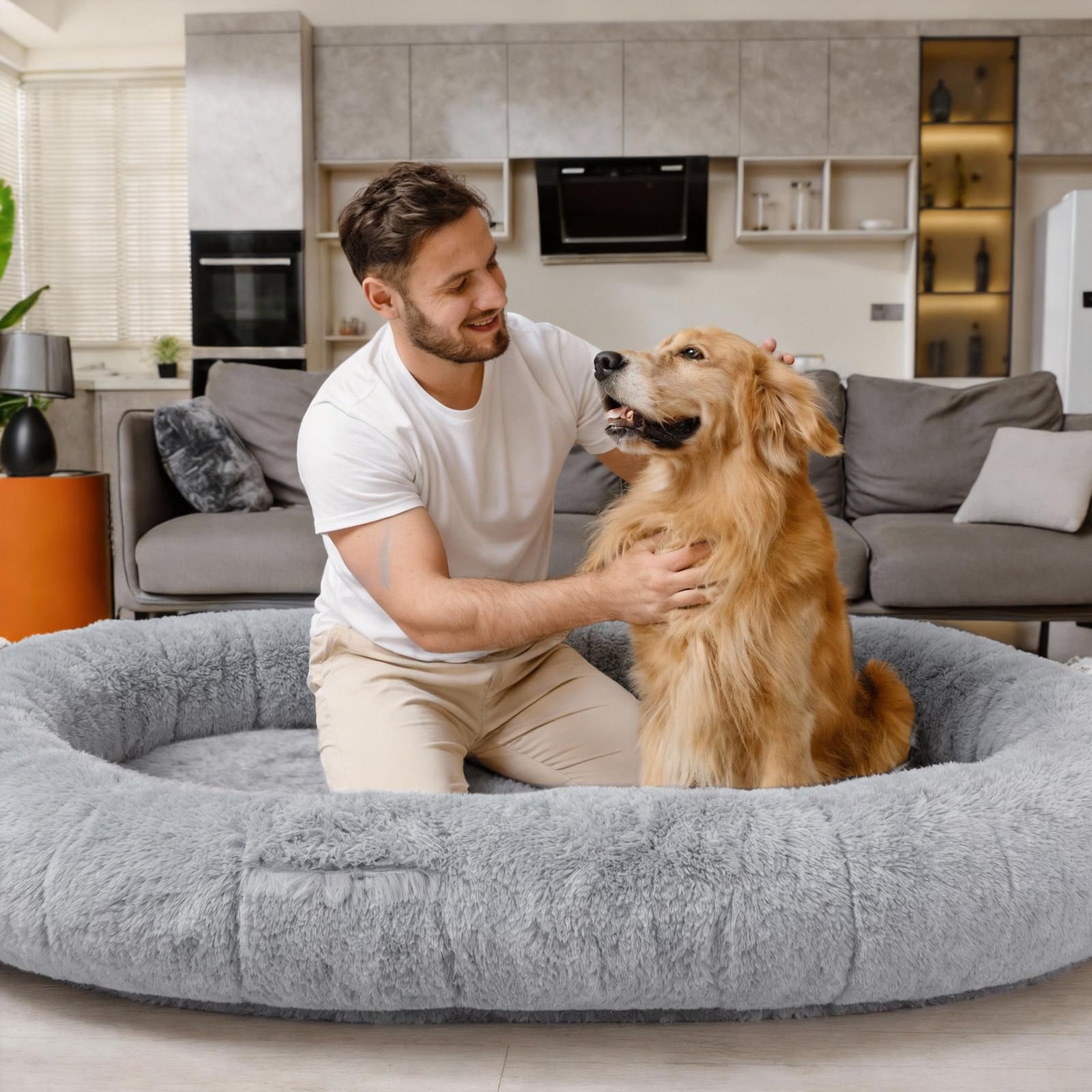 WOZOKE Giant Human Dog Bed in grey room setup shows versatile lounge
