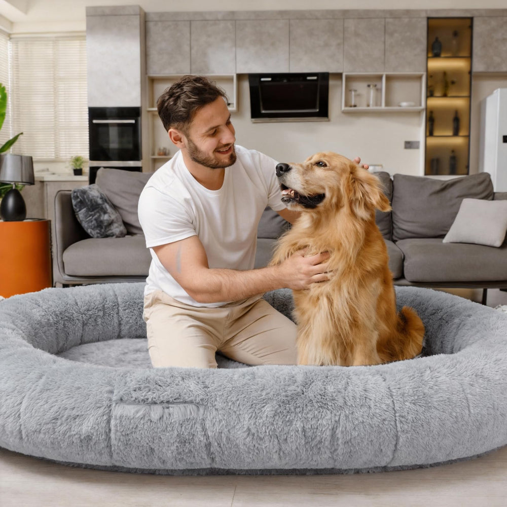 WOZOKE Giant Human Dog Bed in grey room setup shows versatile lounge