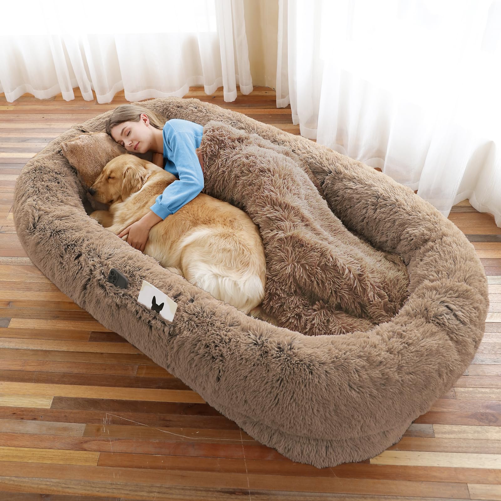 WROS Human Dog Bed in khaki, ideal for cozy shared rest with your pet