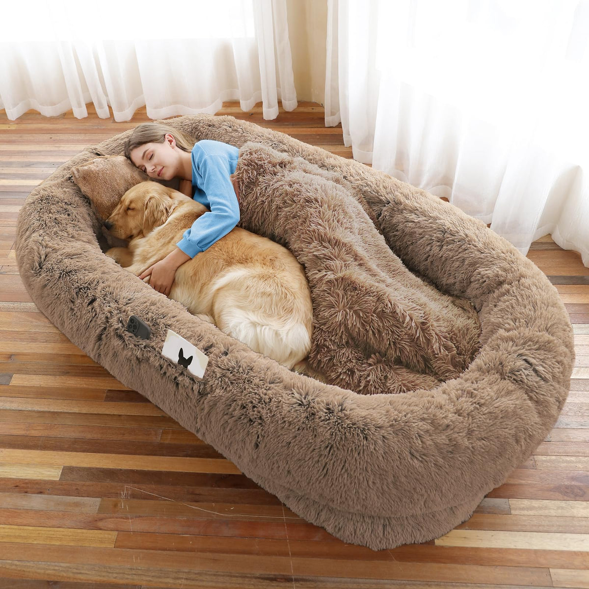 WROS Human Dog Bed in khaki, ideal for cozy shared rest with your pet