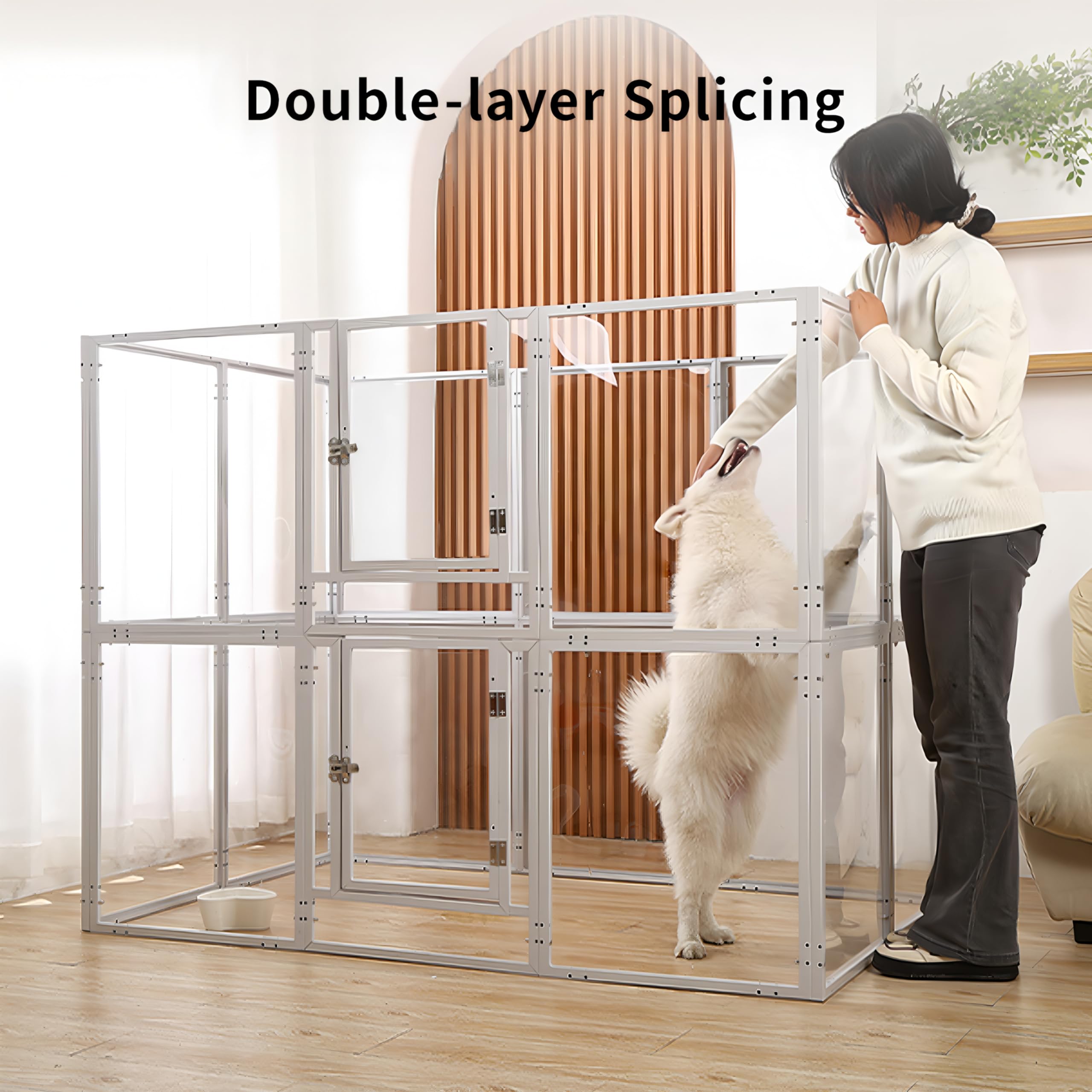 WSHPY Clear Acrylic Dog Play Pen 8-panel side layout demonstrates spacious setup for small pets.