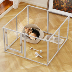 WSHPY Clear Acrylic Dog Play Pen indoor front view for easy monitoring and safe containment.