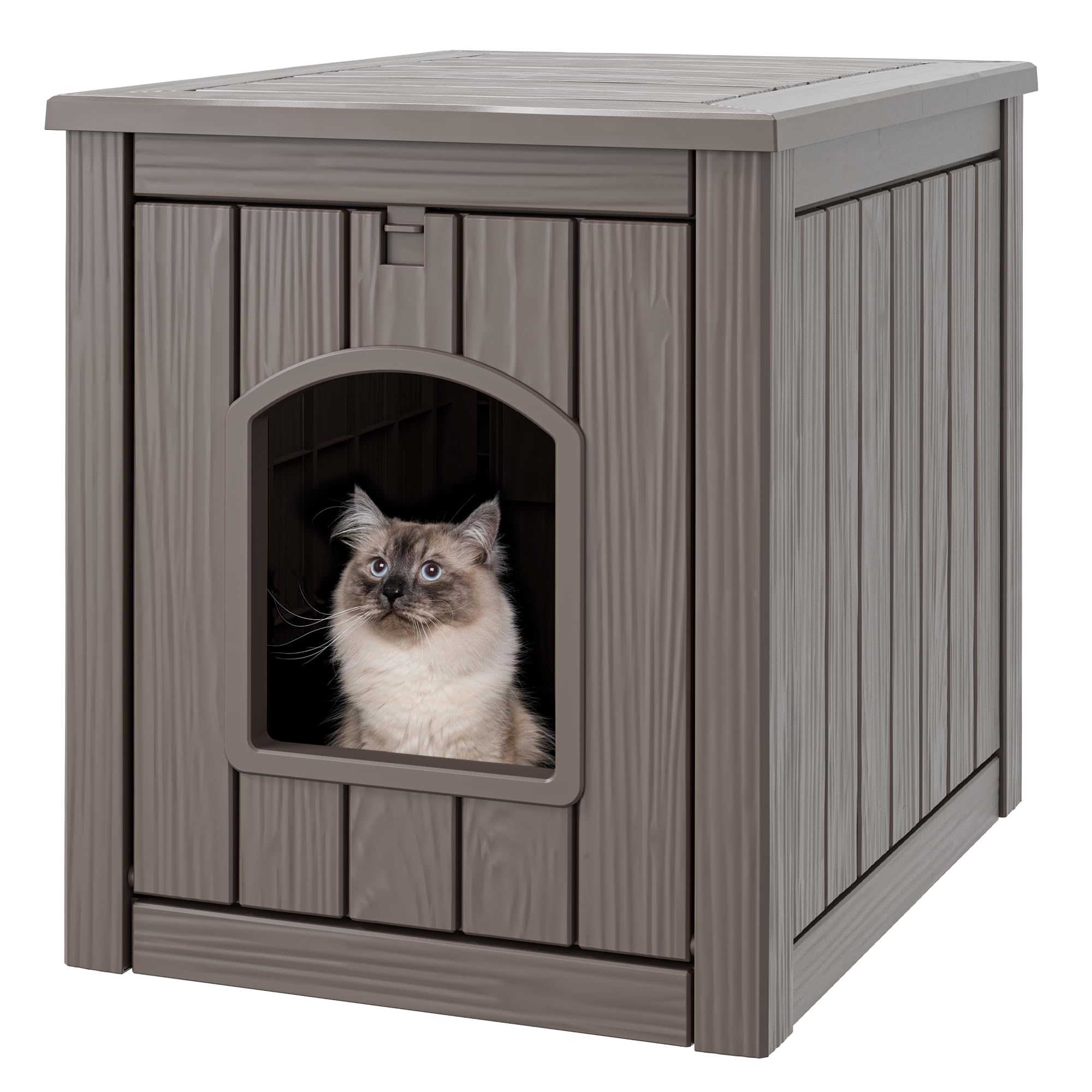 WTFGO cat litter box enclosure with front door open for easy cleaning