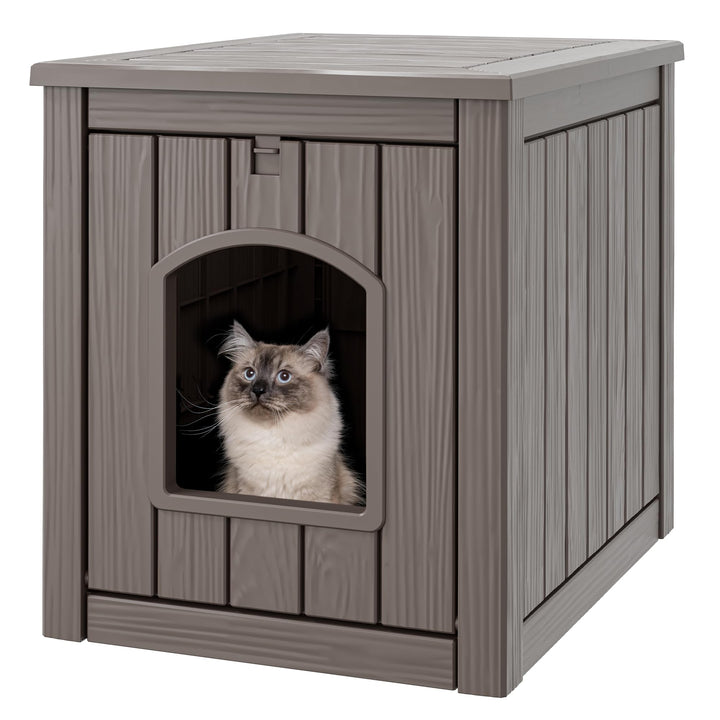 WTFGO cat litter box enclosure with front door open for easy cleaning