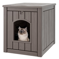 WTFGO cat litter box enclosure with front door open for easy cleaning
