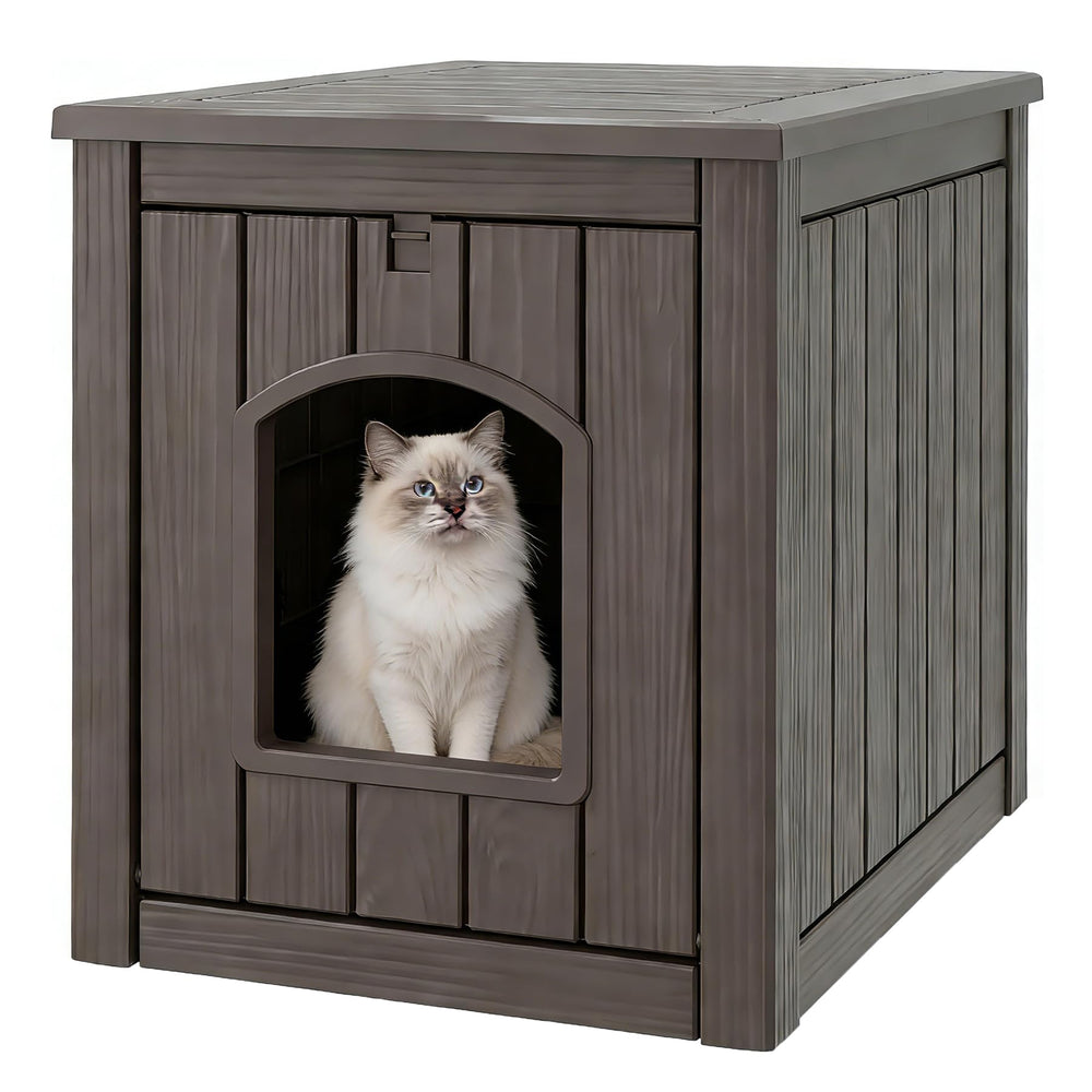 WTFGO litter box enclosure on patio provides weatherproof outdoor cat shelter
