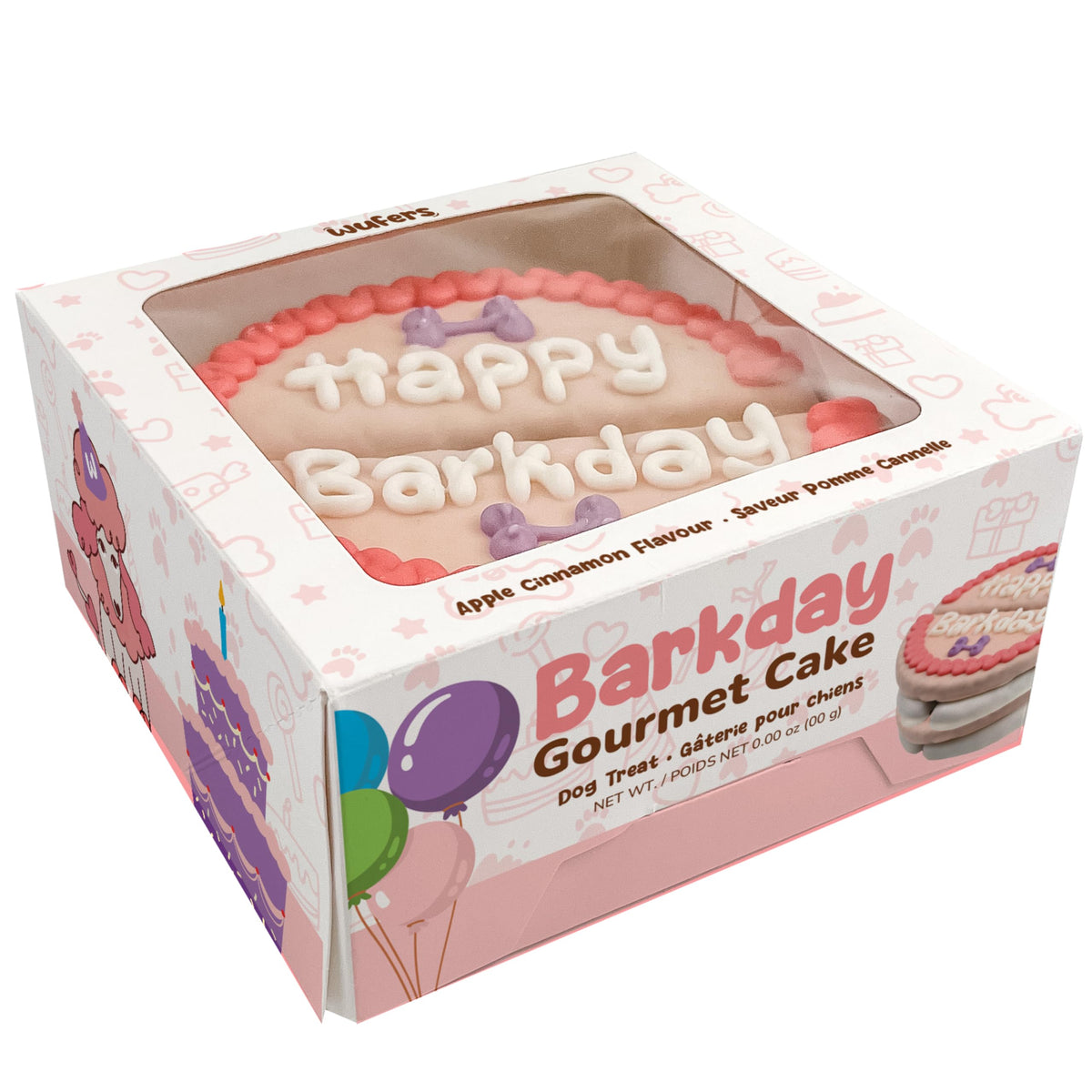 Wufers dog birthday cake in a pink box ready for celebration