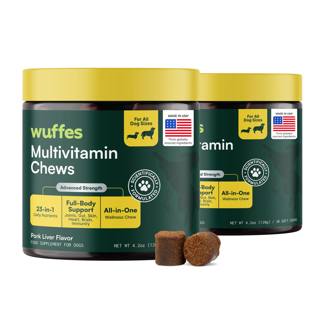 Wuffes 23in1 multivitamin soft chews bottle supports daily vitality for dogs.