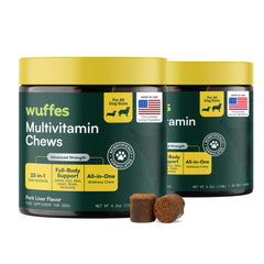 Wuffes 23in1 multivitamin soft chews bottle supports daily vitality for dogs.