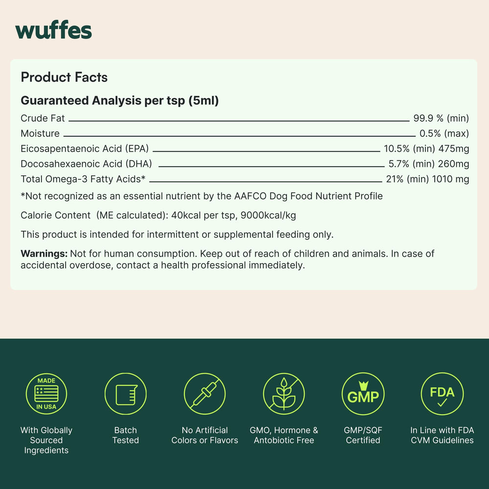 Wuffes 8 oz bottle provides convenient daily omega-3 supplementation