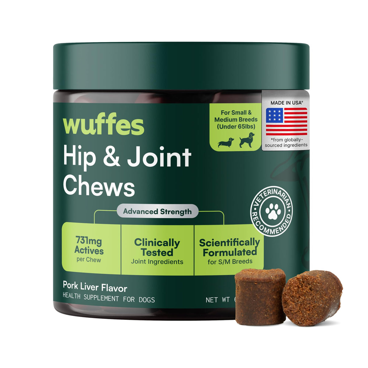 Wuffes Advanced Hip Joint Chews pack shown for small and medium dogs