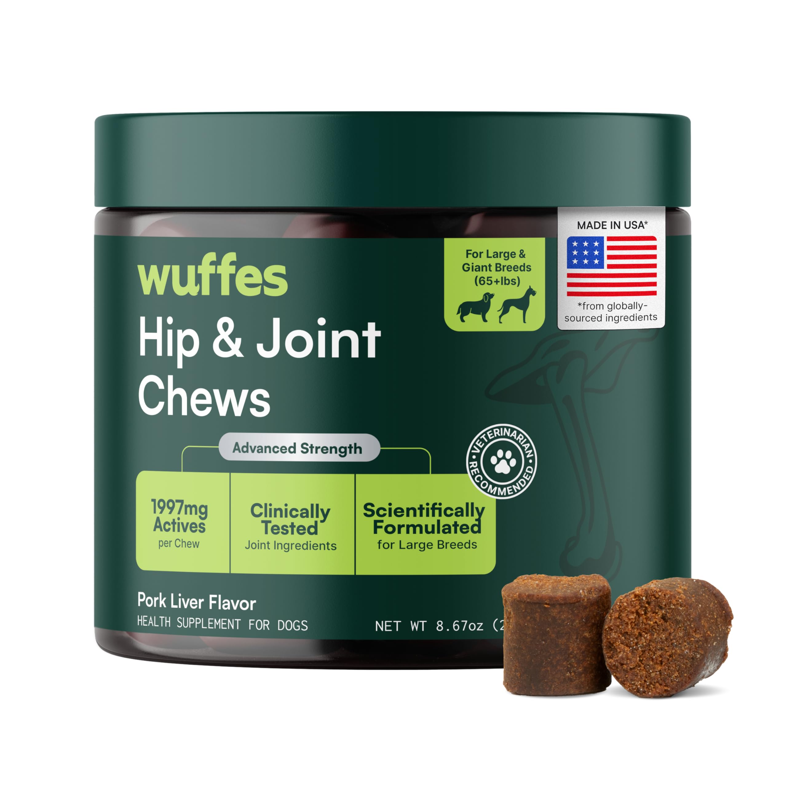 Wuffes Advanced Hip and Joint Chews bottle showing pork flavor and joint support