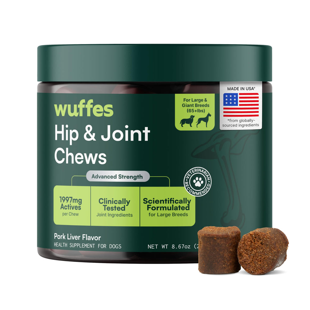 Wuffes Advanced Hip and Joint Chews bottle showing pork flavor and joint support