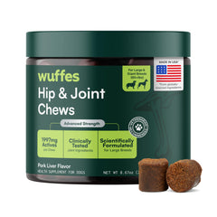 Wuffes Advanced Hip and Joint Chews bottle showing pork flavor and joint support