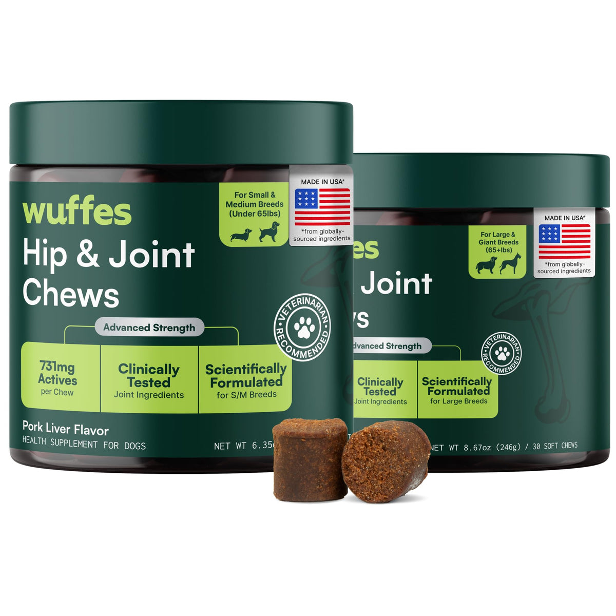 Wuffes Advanced Hip Joint Supplement bottle for dogs promotes comfortable daily movement