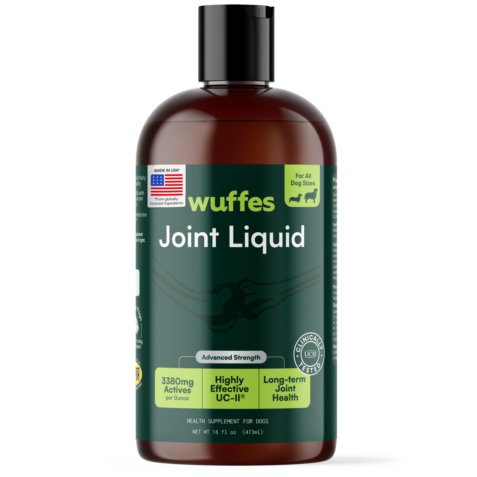 Wuffes Advanced Joint Liquid bottle for easy, dog-friendly joint support.
