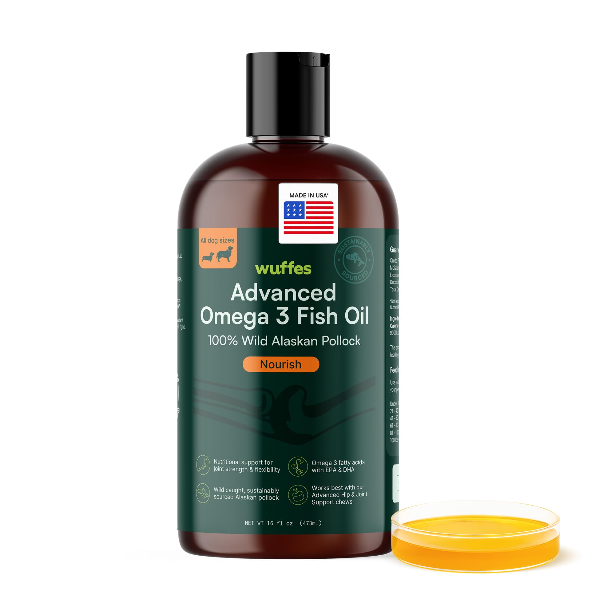 Wuffes Advanced Omega-3 Dog Oil bottle promoting healthy skin and coat.