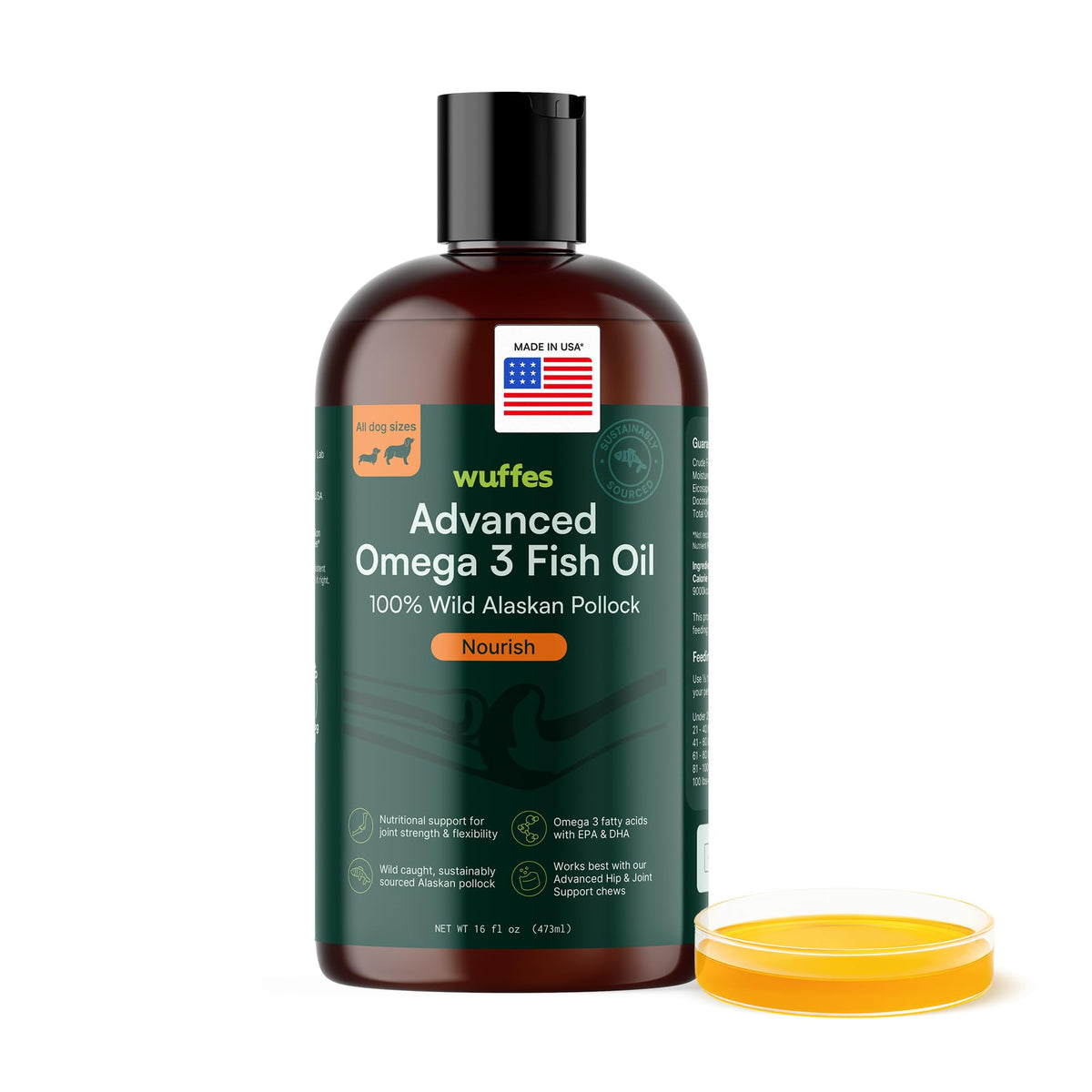 Wuffes Advanced Omega-3 Dog Oil bottle promoting healthy skin and coat.