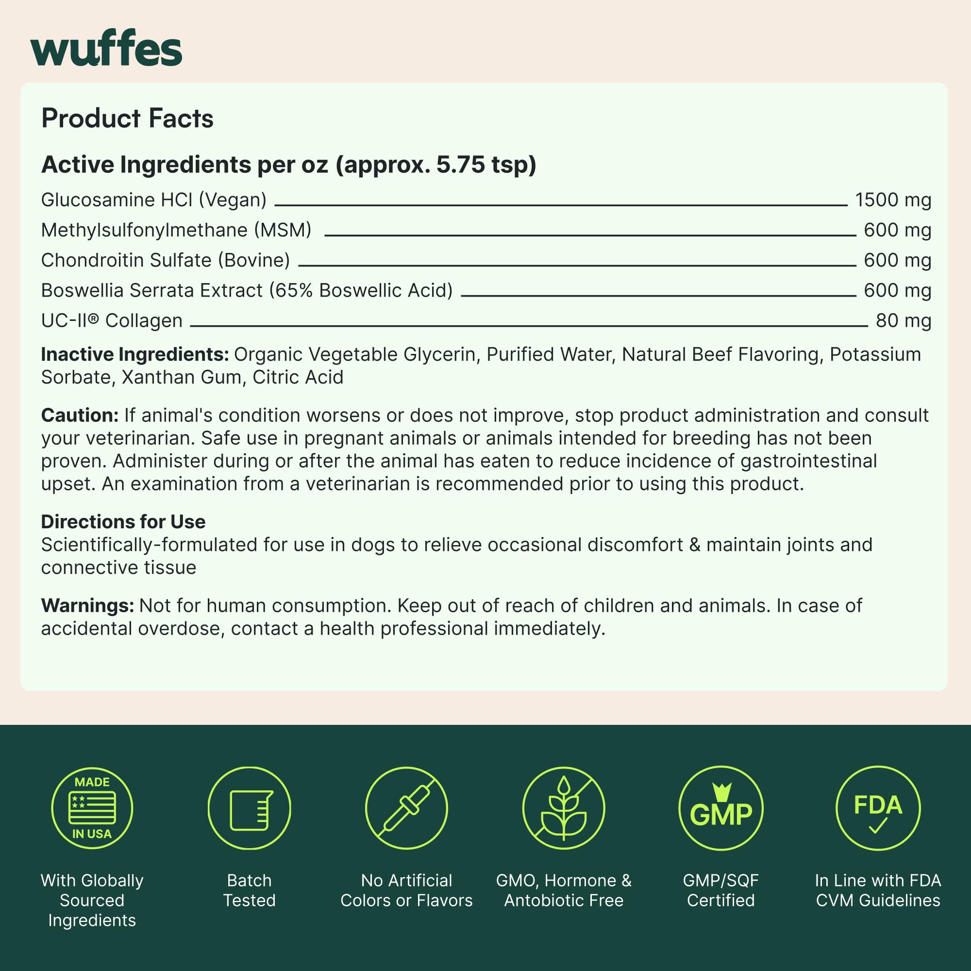 Wuffes all-breed joint liquid supports both small and large dogs.