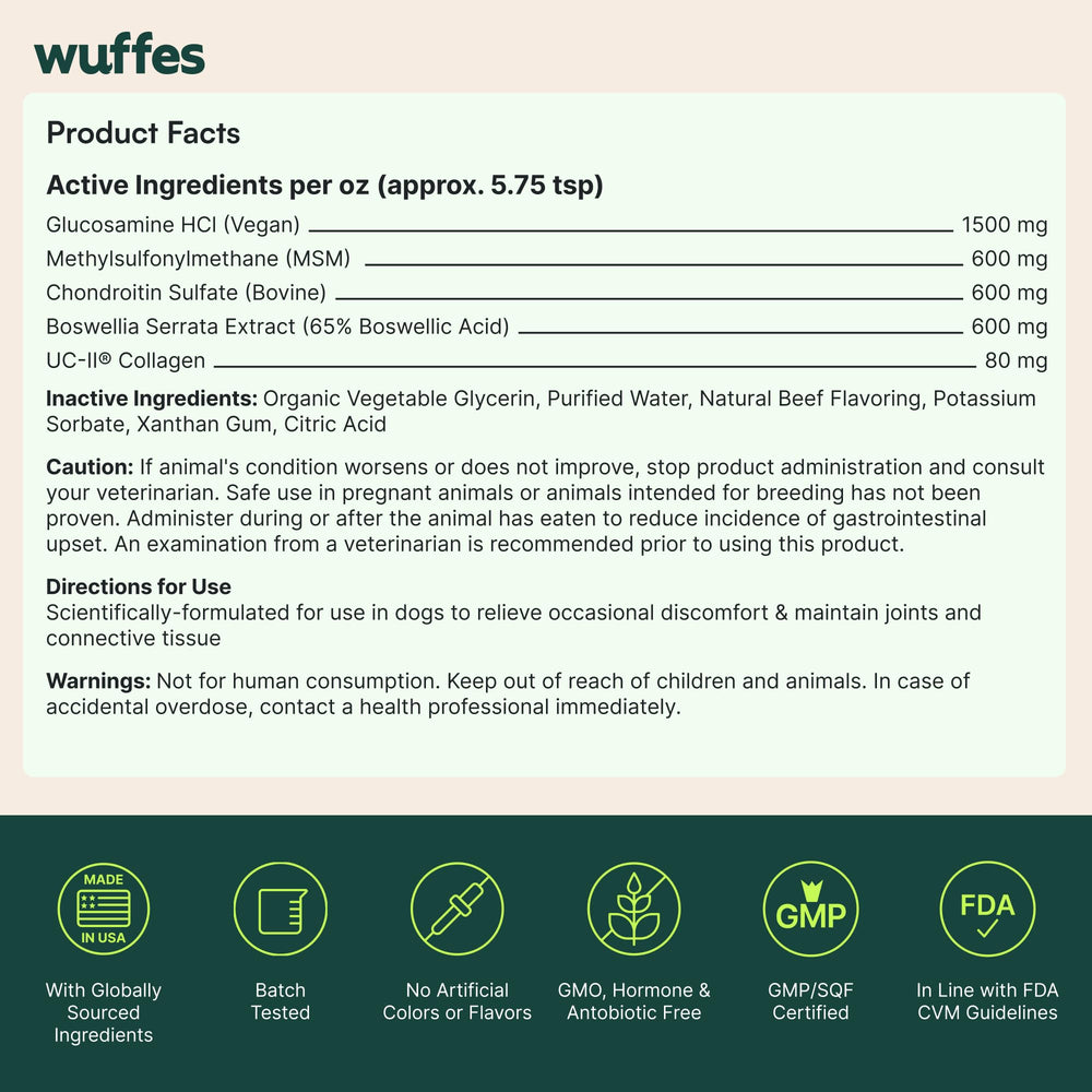 Wuffes all-breed joint liquid supports both small and large dogs.
