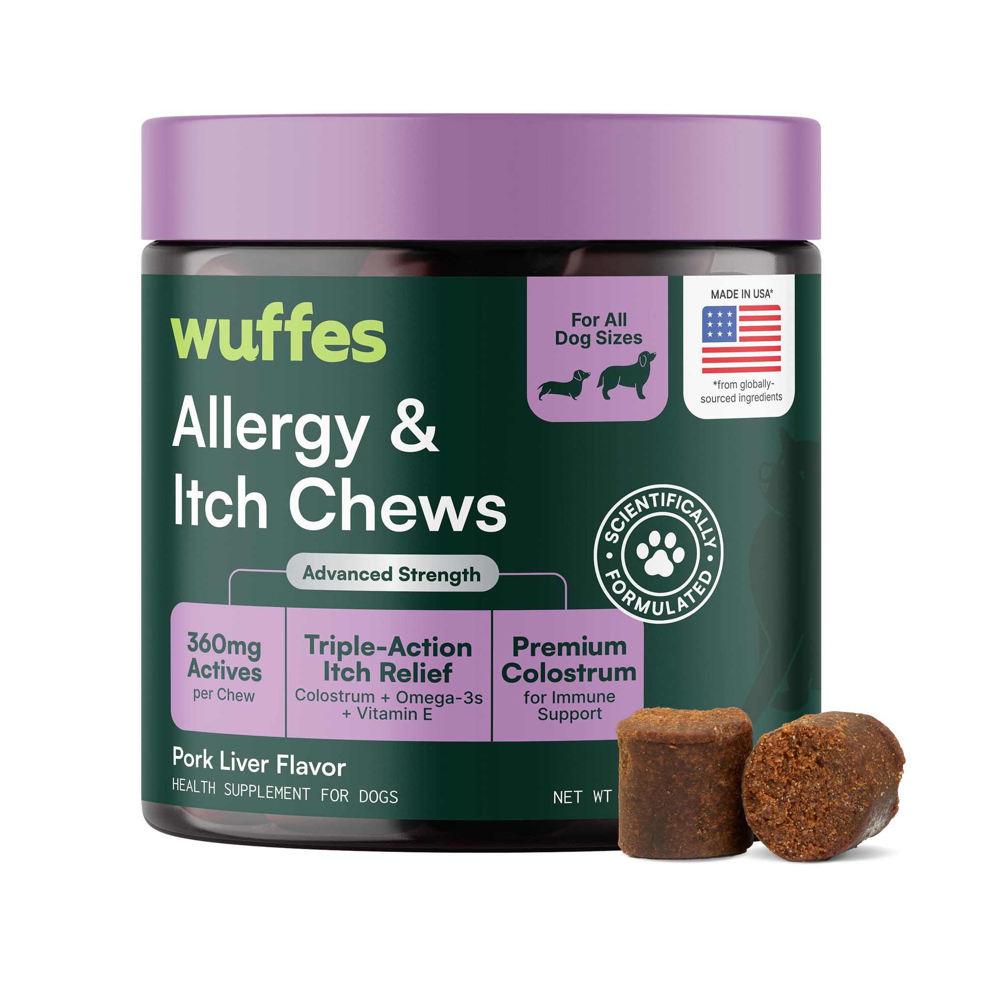 Wuffes Allergy & Itch soft chews bottle front for daily skin support.