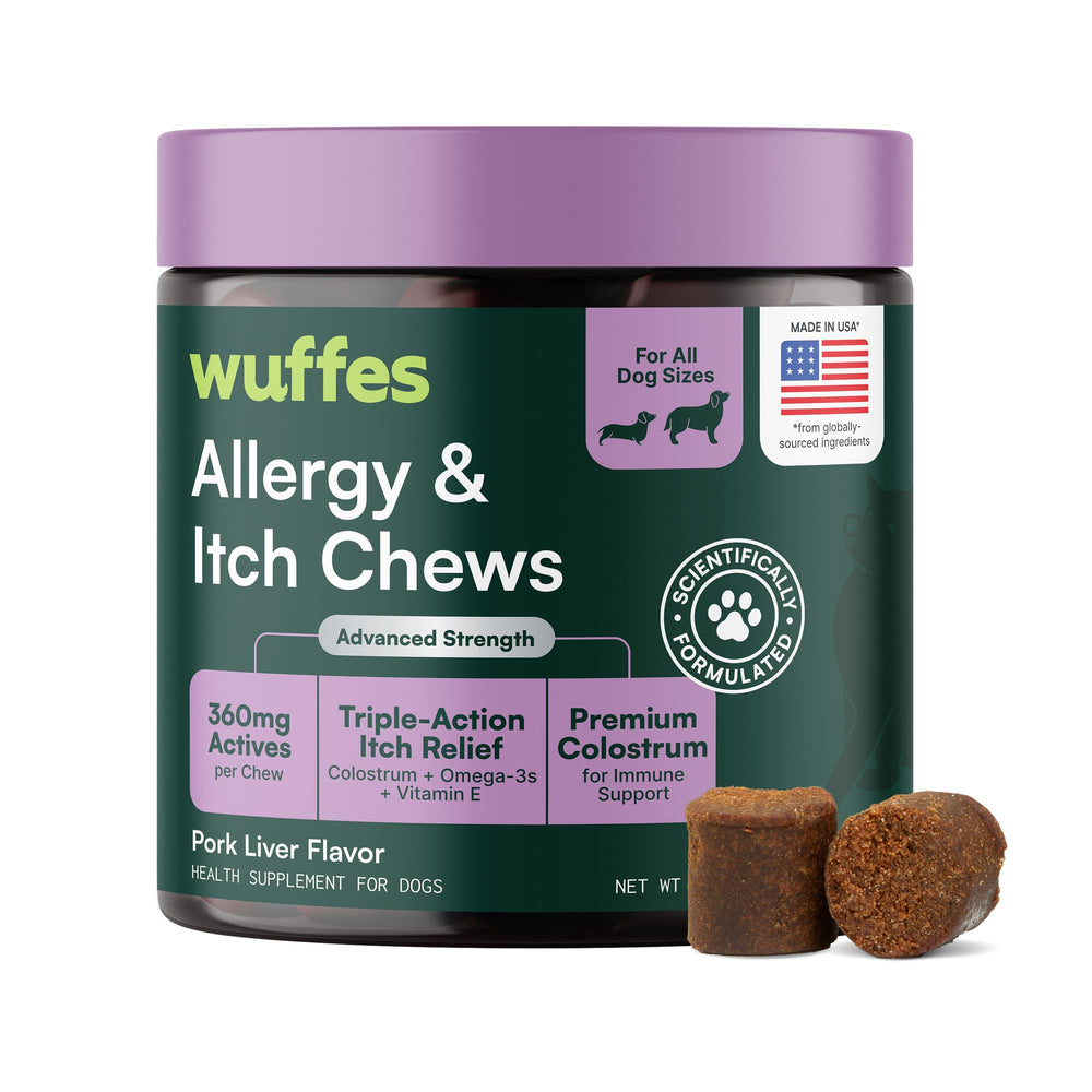 Wuffes Allergy & Itch soft chews bottle front for daily skin support.