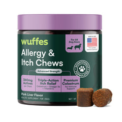 Wuffes Allergy & Itch soft chews bottle front for daily skin support.