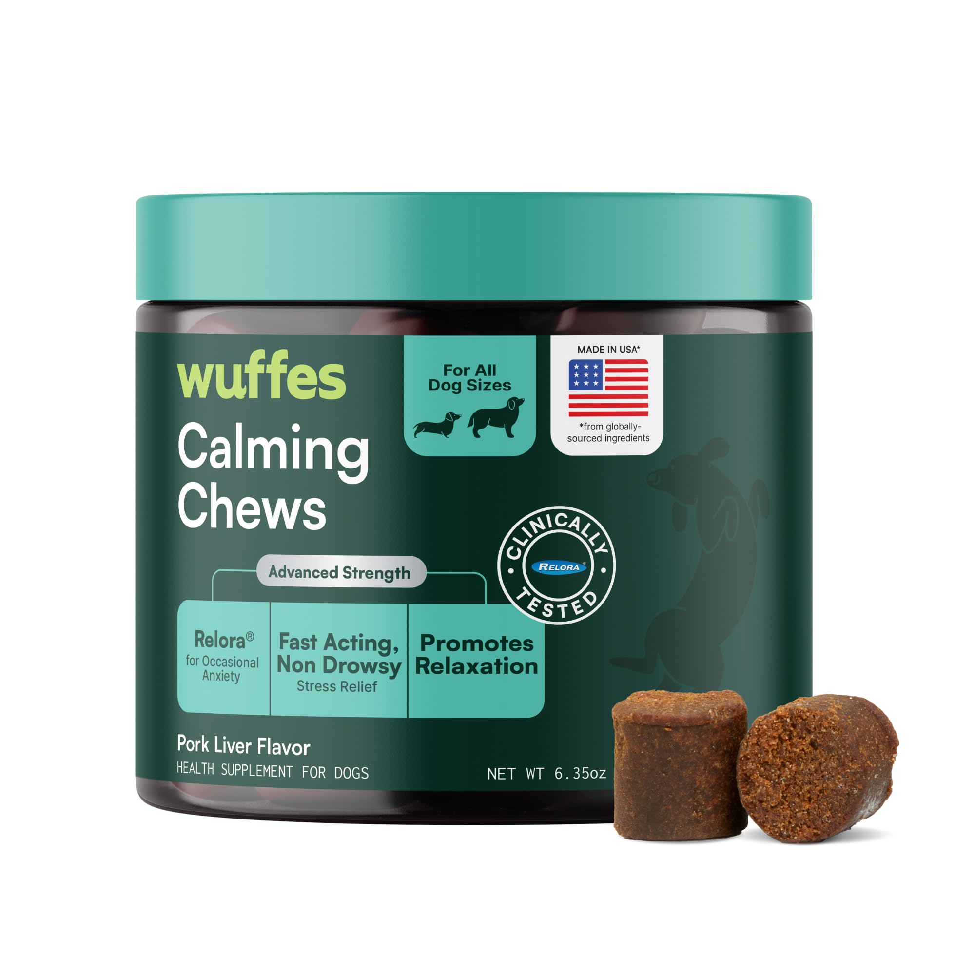 Wuffes Calming Soft Chews bottle close-up for daily dog stress relief.