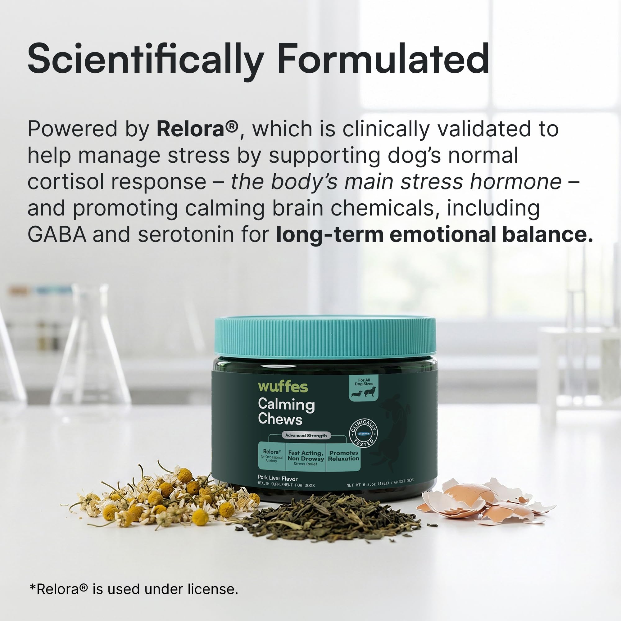 Wuffes Calming Soft Chews packaging showcases quality and safety.