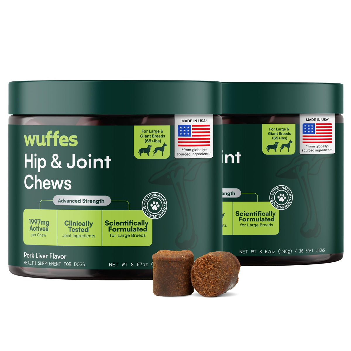 Wuffes Hip & Joint supplement bottle showing mobility support for large dogs.