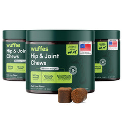 Wuffes hip joint supplement bottle shown for convenient daily use.
