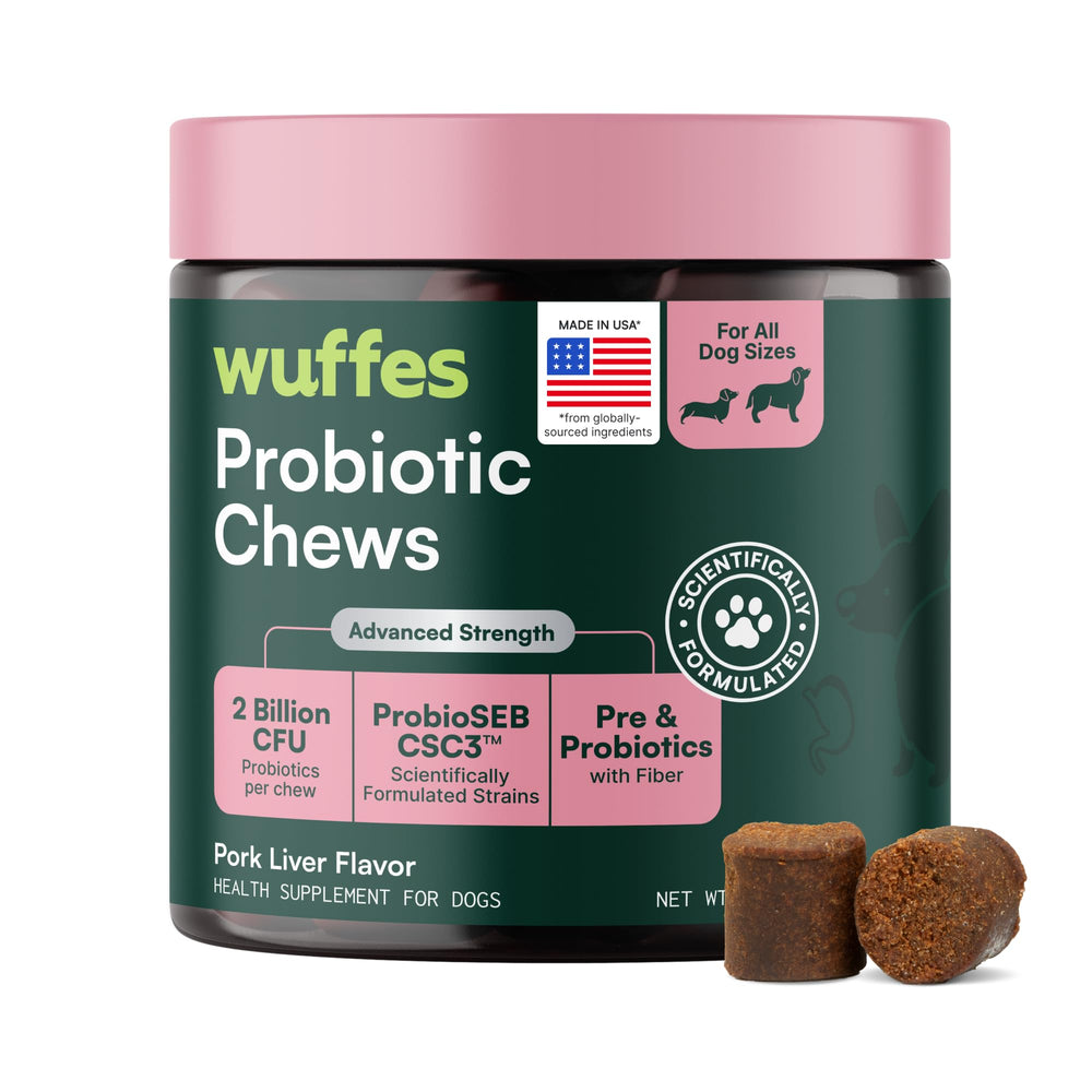 Wuffes Daily Probiotic bottle shown, supporting balanced gut health for dogs.