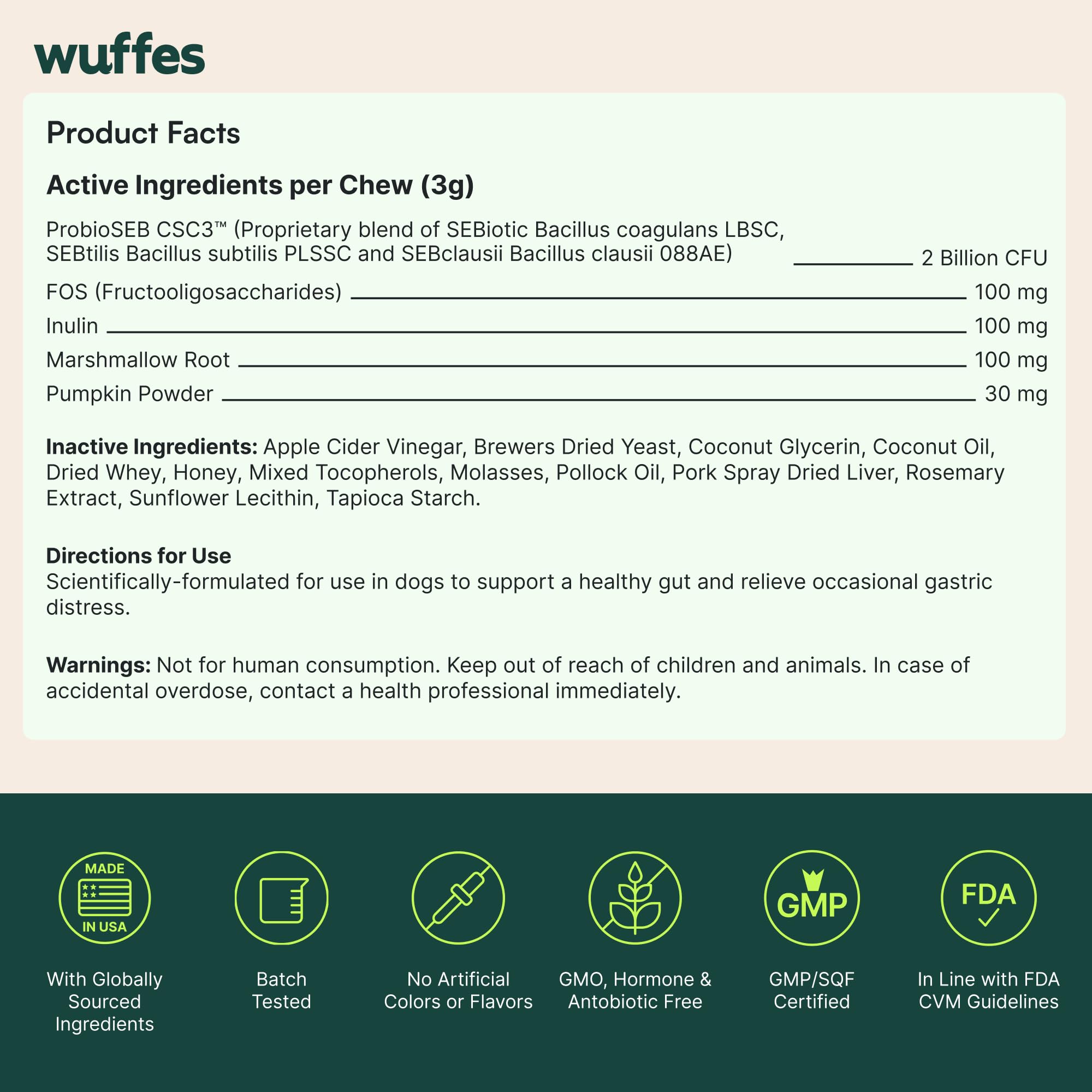 Wuffes Daily Probiotic serving shown as convenient, mess-free daily routine.
