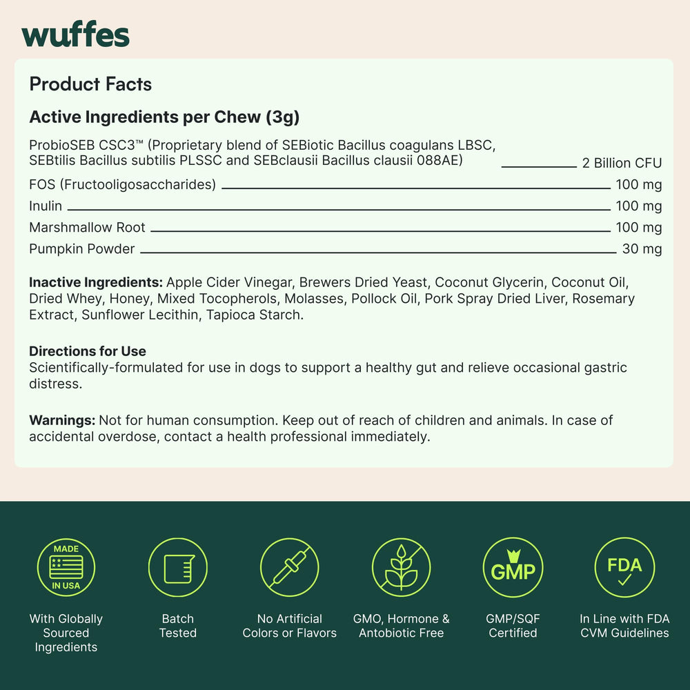 Wuffes Daily Probiotic serving shown as convenient, mess-free daily routine.