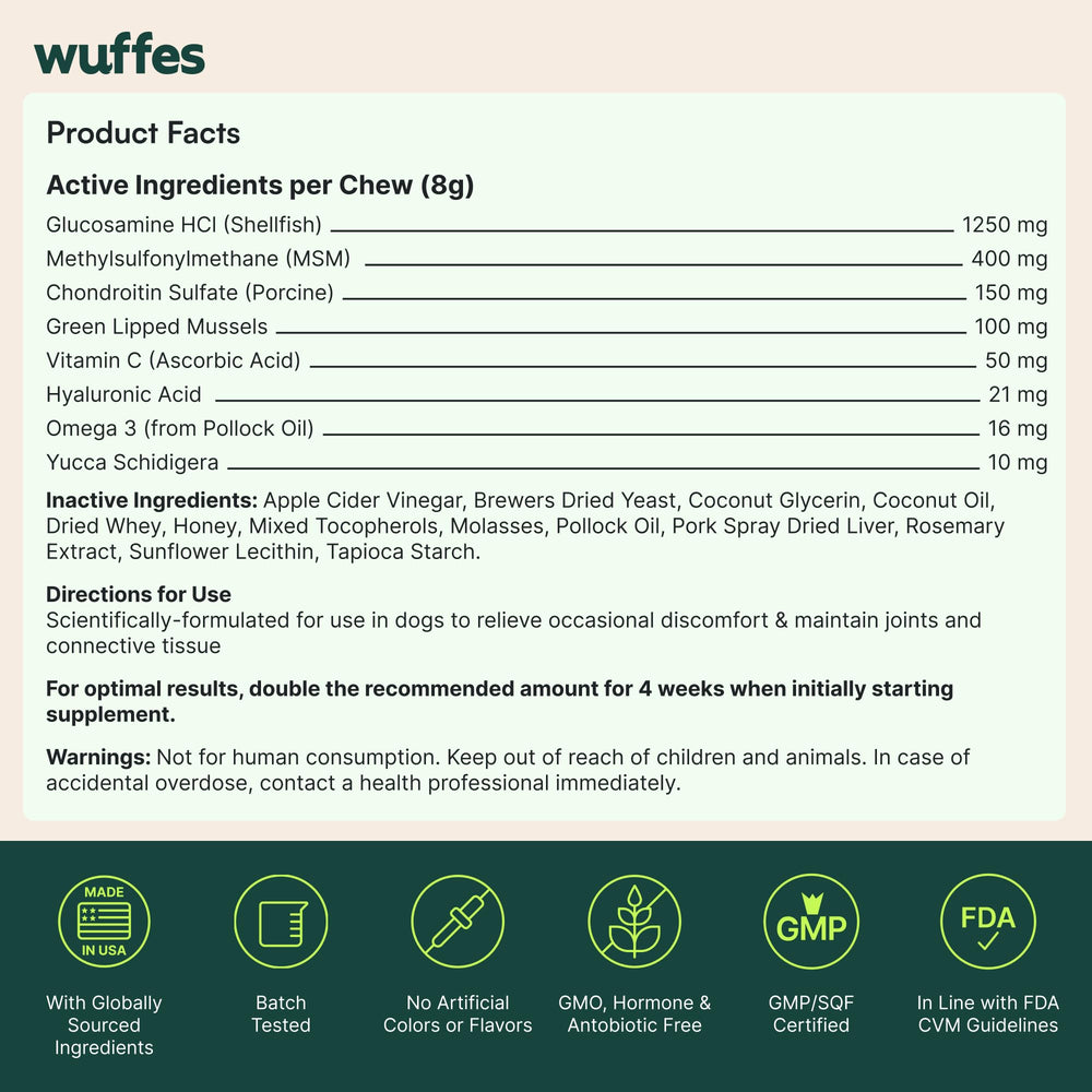 Wuffes hip joint chews packaging 30-count for large breeds