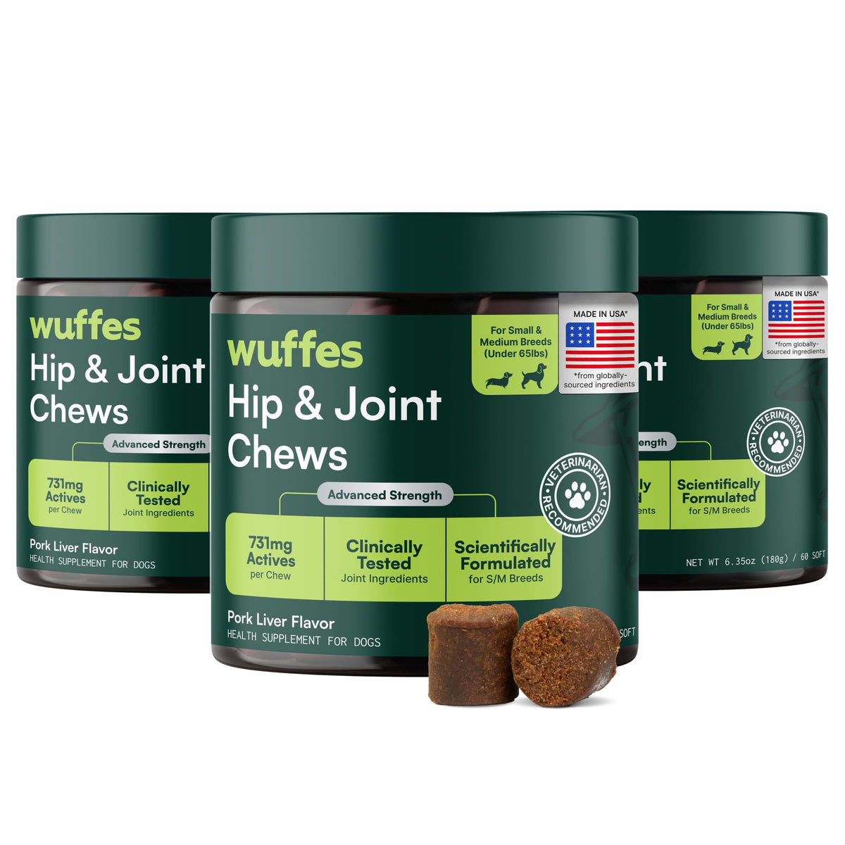 Wuffes hip and joint chews tub front promoting overall joint support.