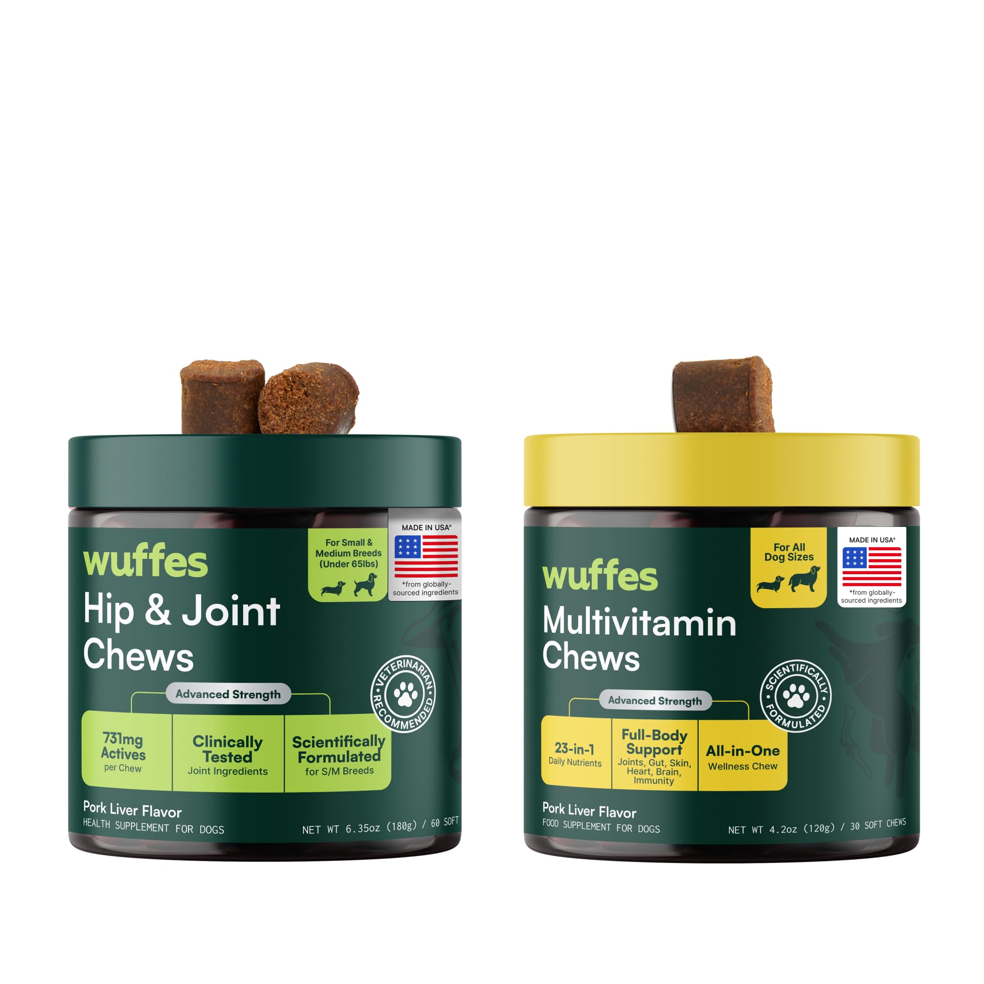 Wuffes hip and joint supplement bottle ready for daily mobility support.