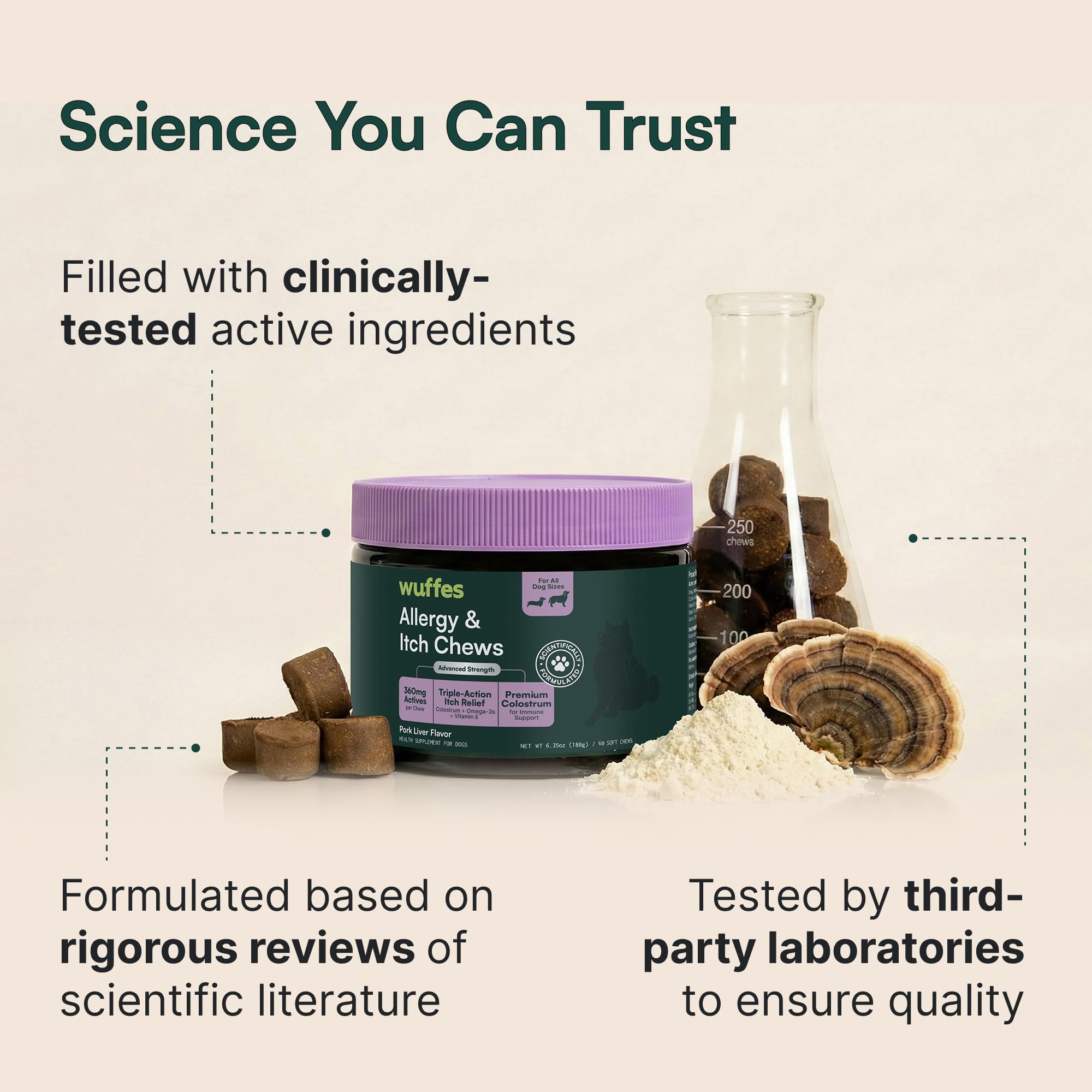 Wuffes hypoallergenic allergy support chews for sensitive dogs.