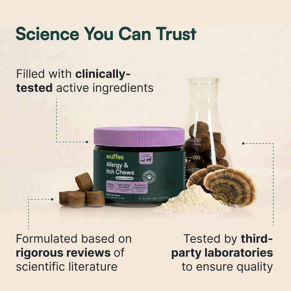 Wuffes hypoallergenic allergy support chews for sensitive dogs.