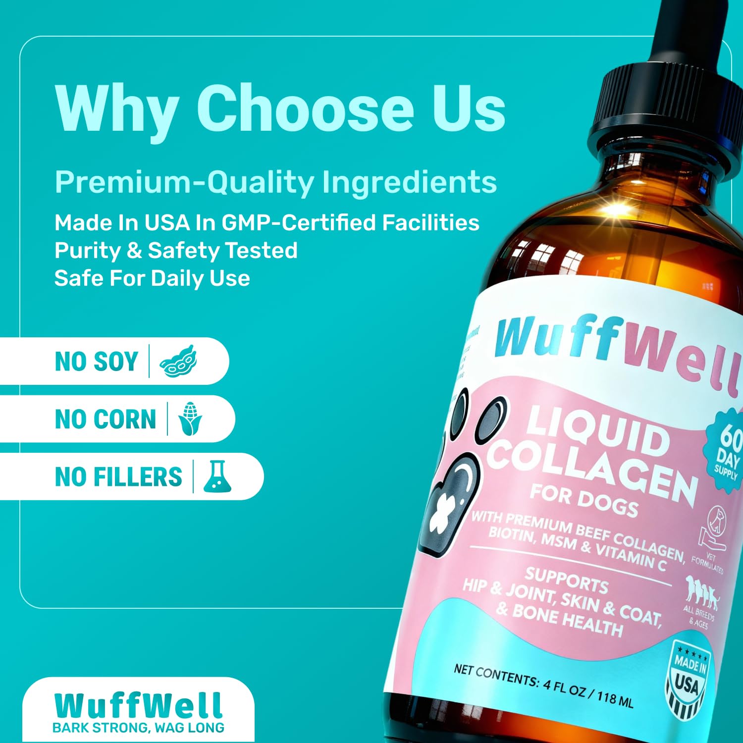 WuffWell coat shine close-up highlighting potential coat health benefits.