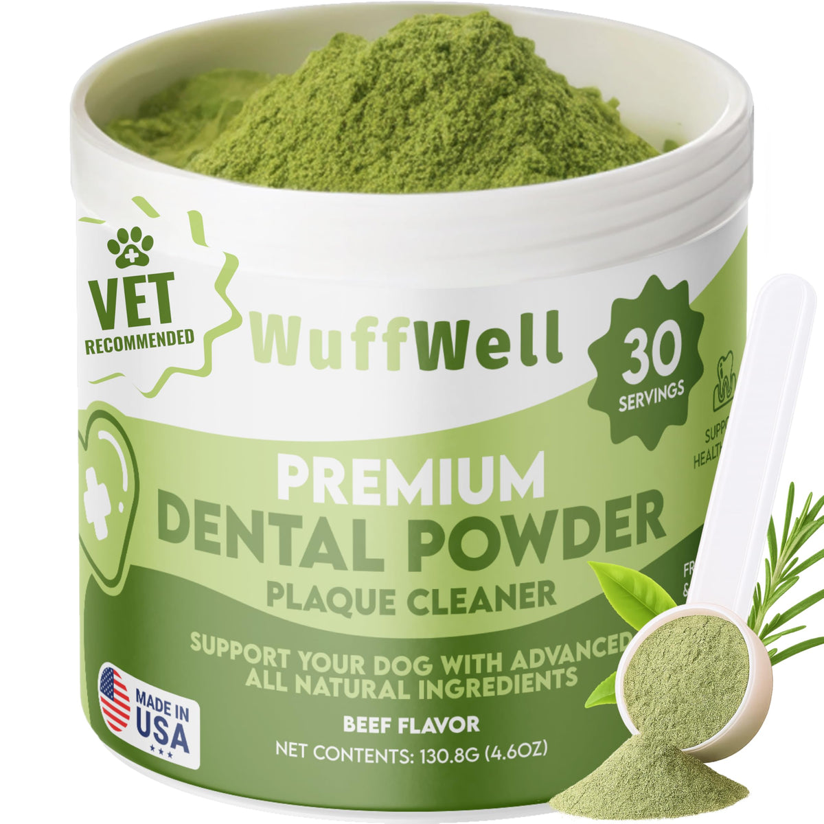 WuffWell bottle of dog teeth cleaning powder for daily oral care and fresher breath