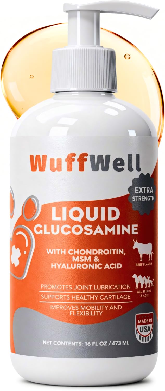WuffWell liquid glucosamine bottle with pump supports dog mobility.
