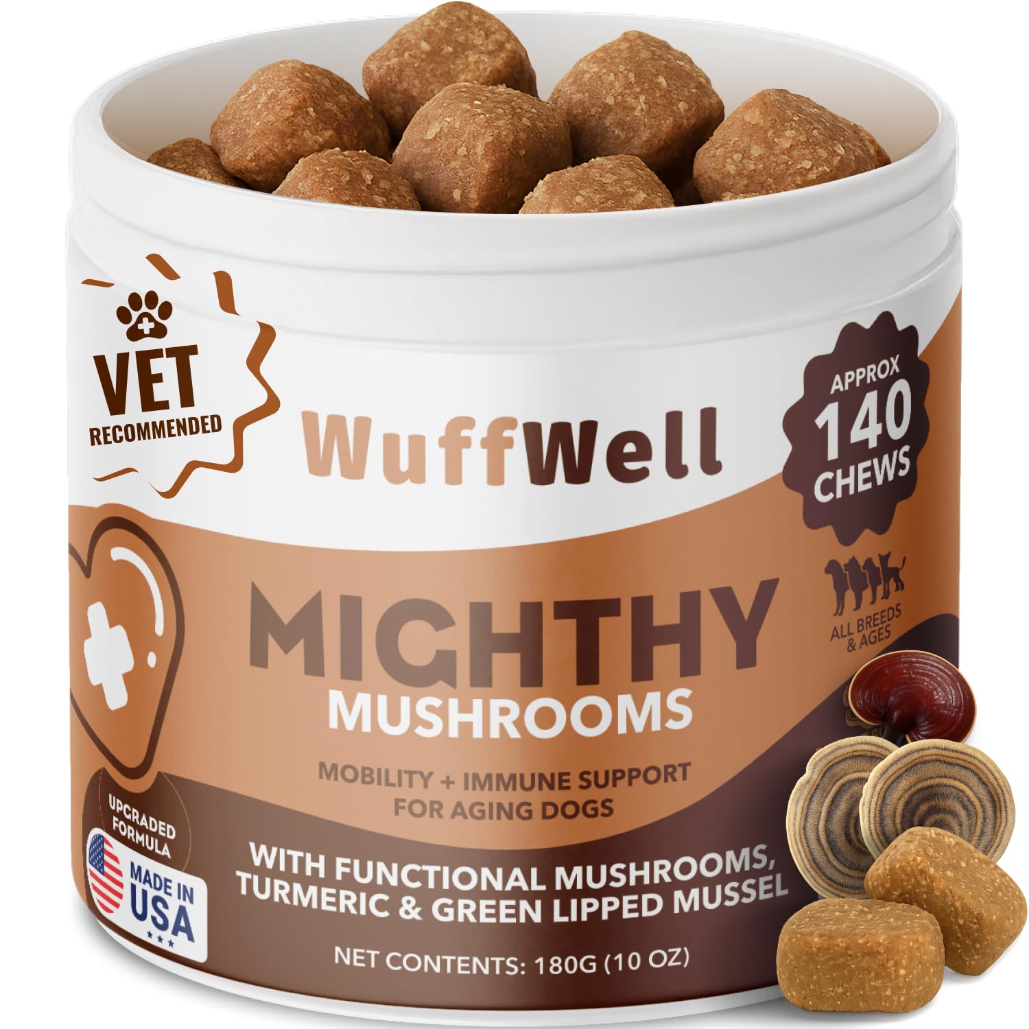 WuffWell Mighty Mushroom bottle closeup highlighting vitality support for aging dogs.