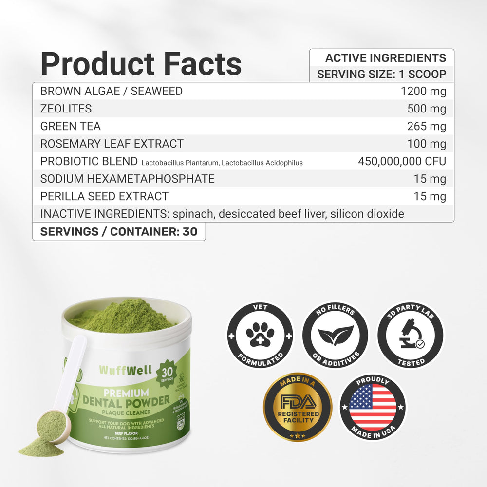 WuffWell probiotics dog powder with scoop for easy dosing and balance