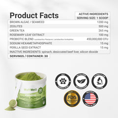 WuffWell probiotics dog powder with scoop for easy dosing and balance