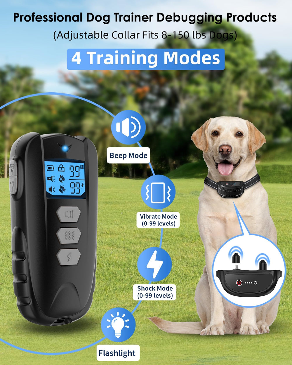 WUJ dog training collar remote control buttons showing adjustable levels for tailored guidance.