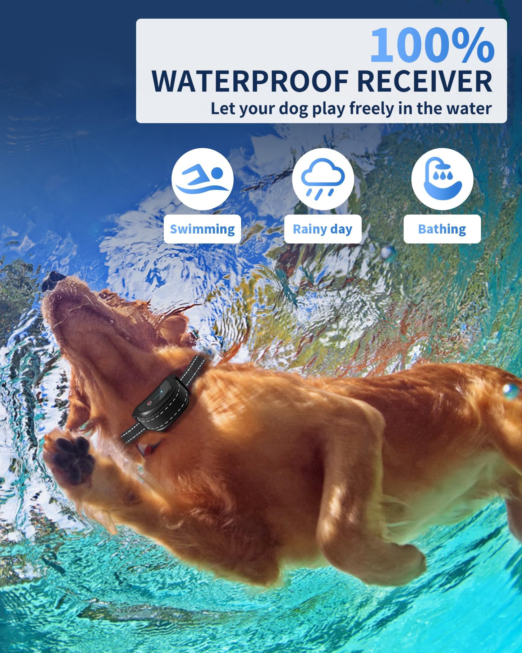 WUJ dog training collar provides beep, vibration, shock, and flashlight cues.